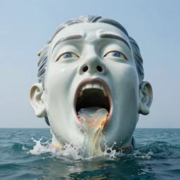 a massive porcelain sculpture of a surreal distorted human face vomiting jelly from his mouth, on the ocean water, in the style of johnson tsang, funny sculpture, lucid dream series, cinematic, hyper - realistic, very detailed, realistic water splashes, ray tracing, 8 k resolution, long - shot, sharp focus, low angle, 8 5 mm photograph, wide lens