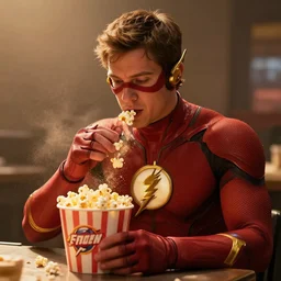 ezra miller as flash eat popcorn, light dust, warm lighting, high detailed, artstation