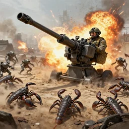 marine unit with .50 cal machine gun mows down an army of robot scorpions, battlefield, explosions, detailed concept art