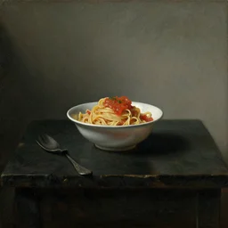 Dutch still life oil painting from the 1600s, table with only a bowl of pasta