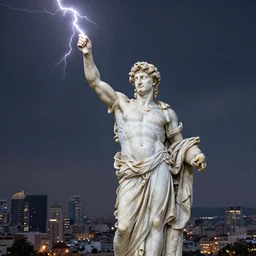a great marble statue of zeus throwing a lightning bolt at a city