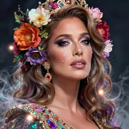 jennifer lopez, portrait, colorful and vibrant majestic, royal, open wide eyes, drops of tear with flowers on her hair, glowing light orbs, intricate concept art, elegant, digital painting, smooth, sharp focus, ethereal opalescent mist, outrun, vaporware, cyberpunk darksynth, ethereal, ominous, misty, 8 k, by ruan jia and miho hirano, rendered in octane
