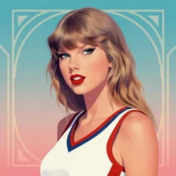 taylor swift cheerleader, retro half portrait by stanley artgerm, dramatic lighting, ilya kuvshinov, trending on artstation, flat colour, geometric curves, gradient filter, pleasing tone colours, art deco patterns