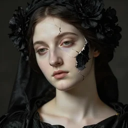 hyperrealism close - up mythological portrait of a beautiful medieval woman's shattered face partially made of black flowers in style of classicism using the fibonacci golden ratio, pale skin, ivory make up, wearing black silk robe, dark and dull palette