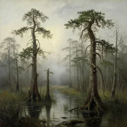 dangerous swamp, a bit foggy, bizarre pines, hudson river school painting, naturalism
