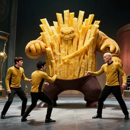 french fry monster fighting Star Trek Characters, film still from the movie directed by Denis Villeneuve with art direction by Salvador Dalí, wide lens