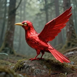 adventurer ( ( ( ( ( 1 9 5 0 s retro future raven bird. forrest in background. muted colors. ) ) ) ) ) by jean baptiste monge!!!!!!!!!!!!!!!!!!!!!!!!! chrome red