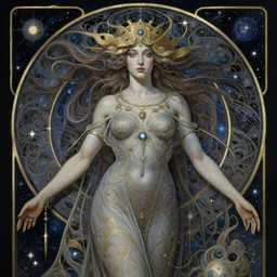 a beautiful illustration of a cosmic goddess, intricate, sharp focus, illustration, highly detailed, digital painting, concept art, matte, art by wlop and artgerm and greg rutkowski and alphonse mucha, masterpiece