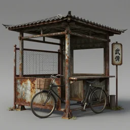 a concept art illustration, an empty asian shack bike with a mechanical rusty fence and a signage, style by dylan cole and feng zhu and wlop, unreal engine, trending in artstation, octane render, ultra sharp, 8 k