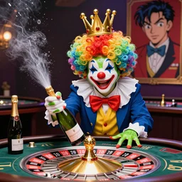 Clown Frog King popping champagne at the roulette table, clown frog king wearing clown makeup and rainbow wig, clown crown artwork by Glenn Fabry and Kentaro Miura