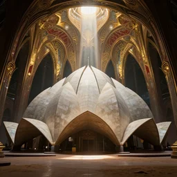 eerie dark interior of a futuristic lotus temple with gold, red and white marble panels, shafts of sunlight in the centre, in the desert, by buckminster fuller and syd mead, intricate contemporary architecture with art nouveau motifs, photo journalism, photography, cinematic, national geographic photoshoot