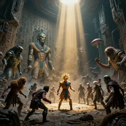 a moody 8 k hi res well lit dynamic volumetric lighting god rays 8 0 mm photo of hieroglyphics of zardoz and goku monsters and orcs and jim henson and hercules greek and roman mythology john snow game of thrones psychedelic mushroom acid marvel iceland lemmings soldiers knights vikings king arthur maul horror zombie battle scene from the future year 3 0 3 5