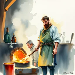 small centered on watercolor paper, paint brush strokes, abstract watercolor painting of medieval glassblower with apron, kiln, glow, cinematic light, national romanticism by hans dahl, by jesper ejsing, by anders zorn, by greg rutkowski, by greg manchess, by tyler edlin