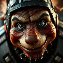 humanlike mikey mouse in gears of war doom eternal warhammer 4 0 k, splash art, detailed face, details in the face, movie still, cinematic lighting, ray tracing, octane render, long lens, shallow depth of field, bokeh, anamorphic lens flare, 8 k, hyper detailed, 3 5 mm film grain