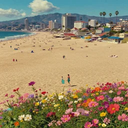 a film still of a sunny, windy and colourful beach scene in santa monica, los angelos, aerialshot, wes anderson, studio ghibli, pixar and disney animation, sharp, rendered in unreal engine 5, anime key art by greg rutkowski, bloom, dramatic lighting