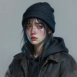 portrait of a crying ai artist, detailed clothing, beanie, concept art, artstation, detailed luminescent digital painting by alan lee and artgerm johanna martine, exquisite masterpiece