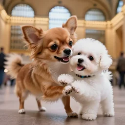 a photorealistic closeup image of a cute brown colored long haired chihuahua cocker spaniel dog playing with a happy white bichon frise puppy at grand central station. brightly lit. extreme detail. unreal engine 4 k hd