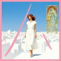 a woman with a white dress in a white city, clear blue sky, pink floyd album cover, 1 9 7 0's, by beksinski, bruegel, greg rutkowski, alphonse mucha, and yoshitaka amano, colorful flat surreal design, hd, 8 k, artstation