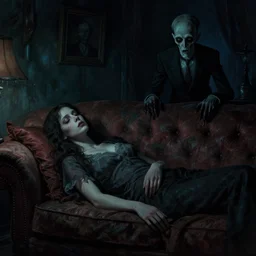 cinematic colorful horror artwork by artgerm, stephen king, lovecraft, beksinski ; real life full portrait of beautiful dove cameron lying on couch, her eyes closed, living room, midnight ; dark, gloomy, tensed, scary, 8 k hdr, creepy intricate ; dimly lit dramatic dark rim lighting, detailed, haunting
