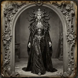 daguerreotype of a cthulhu priestess adorned in occult jewelery with tentacle hair. emerging walking out of a baroque frame.