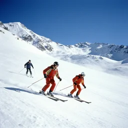 a 3 5 mm kodachrome photo of people skiing in the swiss alps in the 1 9 5 0's, bokeh, canon 5 0 mm, cinematic lighting, film, photography, golden hour, depth of field, award - winning