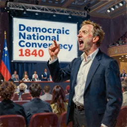 shouting at the democratic national convention, 1840, inside the Kravitz Center. Oil on canvas portrait by Bertrand Levenson. Vivid, trending on Artstation