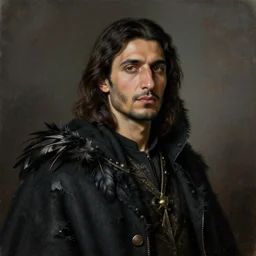 portrait painting of a middle eastern man with shoulder length hair wearing a tattered black cloak with feathers and coat, sharp focus, award - winning, trending on artstation, masterpiece, highly detailed, intricate. art by terese nielsen