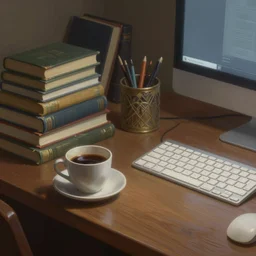 a desk, books, a cup of coffee, computer, hyper realistic style, intricate details, digital painting, dramatic cinematic lighting by bruce pennington