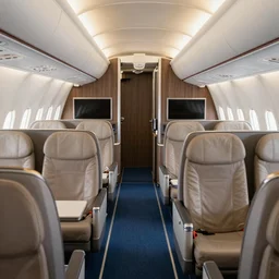 Interior shot of a luxurious business class cabin on a plane with blue floors