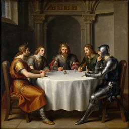 painting of king arthur and lancelot sitting at the round table in camelot, artemisia gentileschi