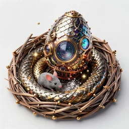 in the magic snake nest, a mystical steampunk dragon egg covered with huge electroplated scales, mouse ， magic light dust, horizon zero dawn machine, intricate. symmetrical. dim lighting, unreal engine 5, concept art ， by greg rutkowski, loish, highly rendered, digital painting, artstation, artstation hq, mysterious toplight 8 k
