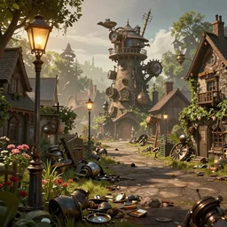 a steampunk village by albert kiefer, streetlights, flowers and trees, atmospheric, beautiful atmosphere, junk on the ground, inspired by sherlock holmes trending on artstation, photo realistic, octane render, unreal engine 5