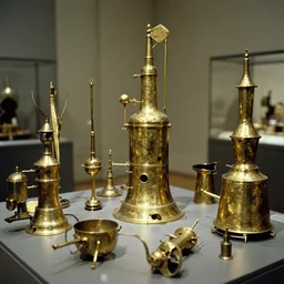documentary photo of set of an ancient brass sci - fi gadgets from the metropolitan museum collection reportage photography, scientific photography, noise