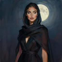 detailed portrait in daring femininity, ethnic, clear eyes, statuesque, gazelle - like, confident realistic face, dark gown and scarf, modern fashion design, bathed in moonlight, chiaroscuro, radiant, impressionism, sense of motion, natural color scheme, contrasting highlights, contemporary, deep rich hues, illustration