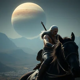 5 5 mm portrait photo of geralt riding, shirtless, visibile muscle and scars, on the surface of io. jupiter is visible in the background. gritty fantasy atmosphere. art by greg rutkowski. highly detailed 8 k. intricate. lifelike. soft light. nikon d 8 5 0.