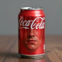 a can of coca cola but with max headroom's face on it, realistic, hyperrealistic, ultra realistic, real, real world, highly detailed, very detailed, extremely detailed, intricate details, 8 k resolution, hd quality