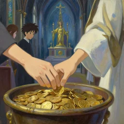 classical oil painting of anime environment concept art featuring a church interior, tithe, hand placing gold coins in a collection pan, fantasy, trending on artstation, stylistic, brush strokes, oil, canvas, by kawacy and makoto shinkai
