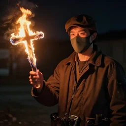 A photo of a man wearing a mask holding a cross on fire in the night, 8K concept art, detailed, vintage camera