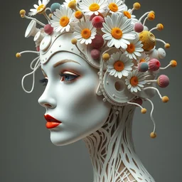 biomechanical beautiful woman portrait with a smooth carved porcelain ivory profile face, futuristic haute couture, iris van herpin, headdress with daisies, colorful puffballs, tendrils, fractal mushrooms, rhizomorphs, brackets, sponge corals, laser cut paper, red plump lips, hyper detailed, ultra sharp, 8 k, uhd