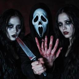 artgerm, joshua middleton, loish, samara weaving as slasher, horror movie, slasher movie, holding bloody knife, realistic hands with five fingers, black hair