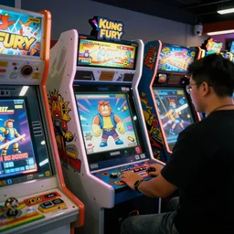 A busy arcade, 80's, by Kung Fury, vaporware, XF IQ4, 150MP, 50mm, F1.4, ISO 200, 1/160s, natural light