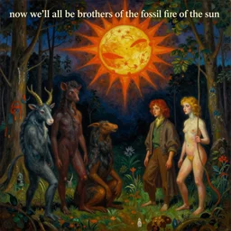 dramatic lighting colorful surrealist symbolist oil painting titled'now we'll all be brothers of the fossil fire of the sun ', magical realism symbolist, wooded landscape with hybrid animal figures, painted by arnold bocklin and odilon redon and max ernst, shocking detail trending on artstation 8 k
