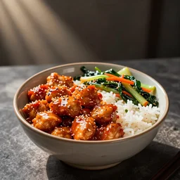 a bowl of orange chicken, rice, and stir fried vegetables