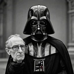 darth vader with stephen hawking's head, award - winning documentary photograph, cinestill 8 0 0 t 3 5 mm b & w, heavy grain, high quality, noir, natural textures, photorealistic, ambient occlusion, hd, ultra wide lens, anamorphic
