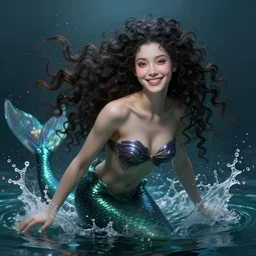 beautiful smiling mermaid emerging from water, splashing, elegant, pretty face, long curly hair, dark fantasy, scifi, volumetric lights, intricate, intense detail, digital painting, artstation, concept art, soft shading, cinematic, hyperealistic, illustration, style of h. r. giger, 3 d 4 k