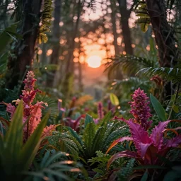 an enchanted forest full of beautiful tropical flowers, with a sunset, by alex horley, bokeh photography, amaranth colour