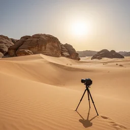 landscape photo of an endless desert, huge sand dunes size of mountains old sand stone ruins, beaming sun, beautiful sky, 5 0 mm, hasselblad, tripod, award winning, colour, 8 k post production, edge to edge, photography