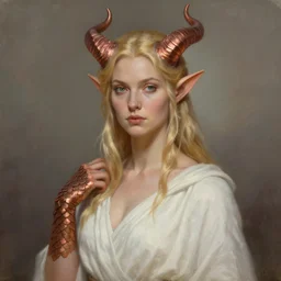 A detailed oil portrait of a blonde elf woman with small horns of copper and copper scales covering her arm and neck wearing a simple white robe, by greg rutkowski, trending on artstation, dungeon and dragons art