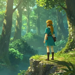 A woman stands on a cliff and looks at the forest in the style of Ocarina of Time