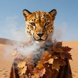humanoid in cheetah mask fading into smoke, autumn, perfect face, sharp focus, directed gaze, haute couture, editorial photoshoot, vivid, fashion photography, cinematic lightning, sand dunes, portrait photography, dreamy, 8 k hd in the style of zdzisław beksinski